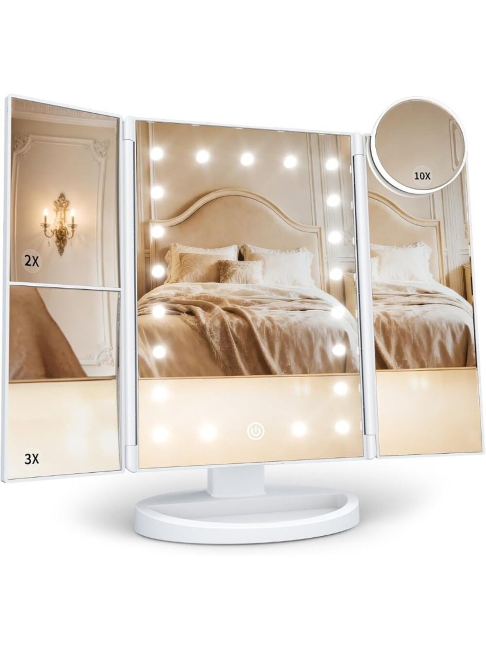 Illuminated Trifold Makeup Mirror - 2X/3X/10X Magnification, Adjustable Lighting